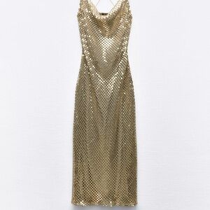 Zara Gold Sheath Midi Dress Spaghetti Strap